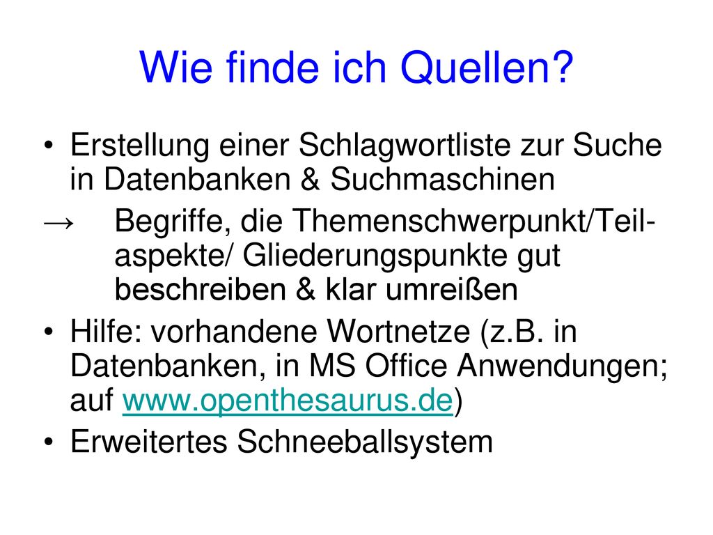 Wie finde ich Quellen Erstellung einer Schlagwortliste zur Suche in Datenbanken & Suchmaschinen.