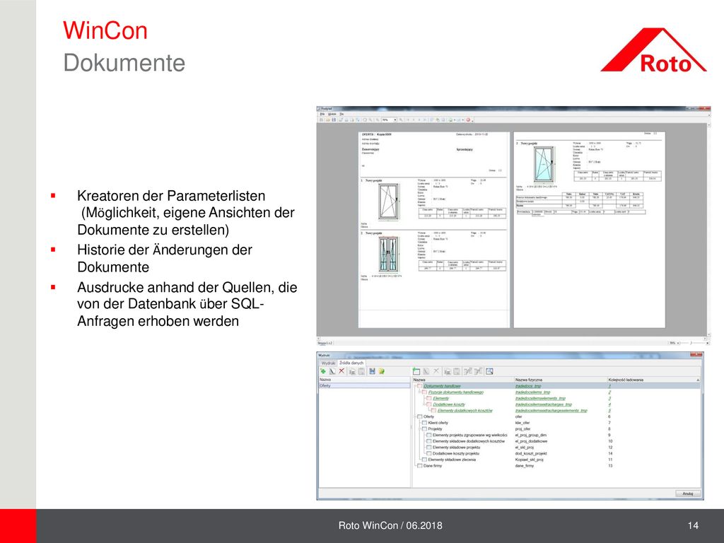 WinCon Dokumente Kreatoren der Parameterlisten (Möglichkeit, eigene Ansichten der Dokumente zu erstellen)