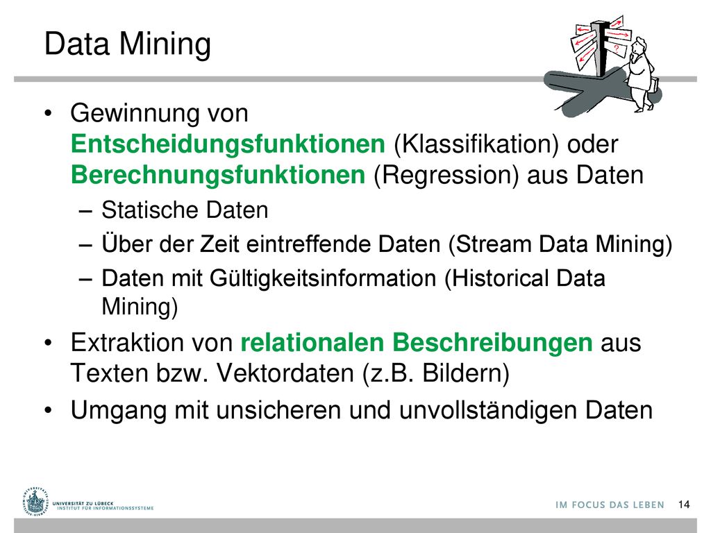 Data Mining Gewinnung von Entscheidungsfunktionen (Klassifikation) oder Berechnungsfunktionen (Regression) aus Daten.