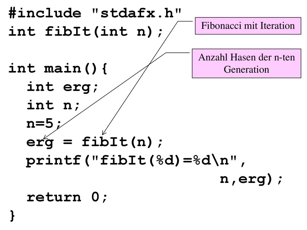 #include stdafx.h int fibIt(int n); int main(){ int erg; int n; n=5; erg = fibIt(n); printf( fibIt(%d)=%d\n , n,erg); return 0; }