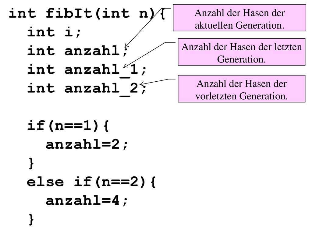 int fibIt(int n){ int i; int anzahl; int anzahl_1; int anzahl_2; if(n==1){ anzahl=2; } else if(n==2){ anzahl=4; }
