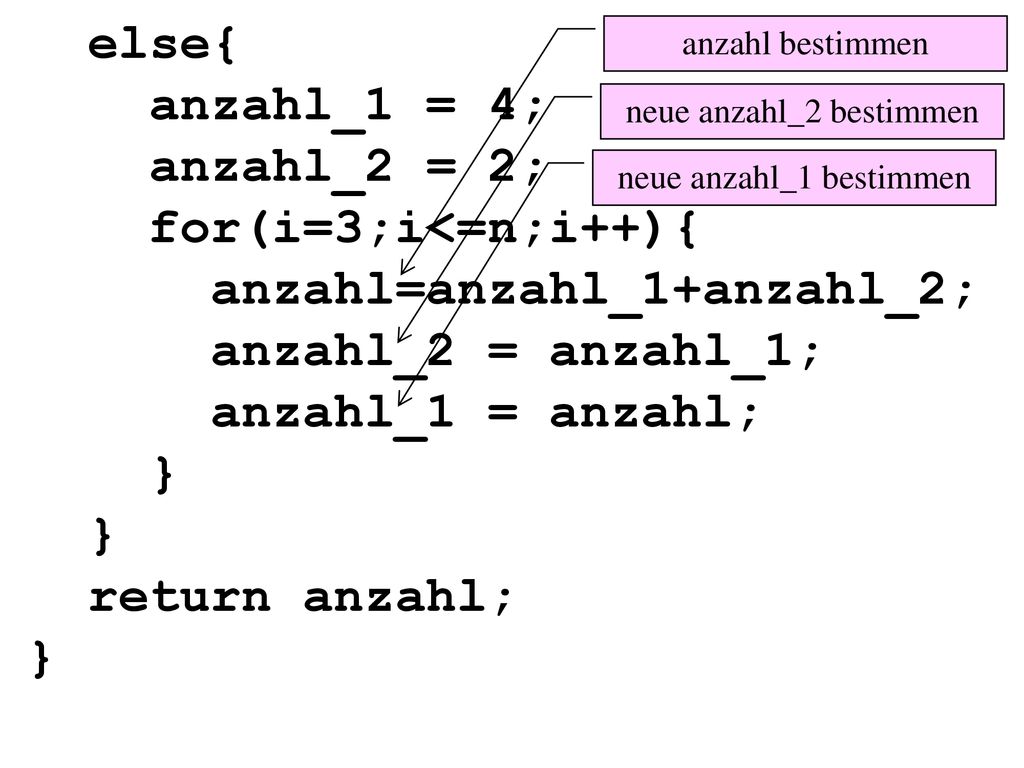 else{ anzahl_1 = 4; anzahl_2 = 2; for(i=3;i<=n;i++){ anzahl=anzahl_1+anzahl_2; anzahl_2 = anzahl_1; anzahl_1 = anzahl; } } return anzahl; }