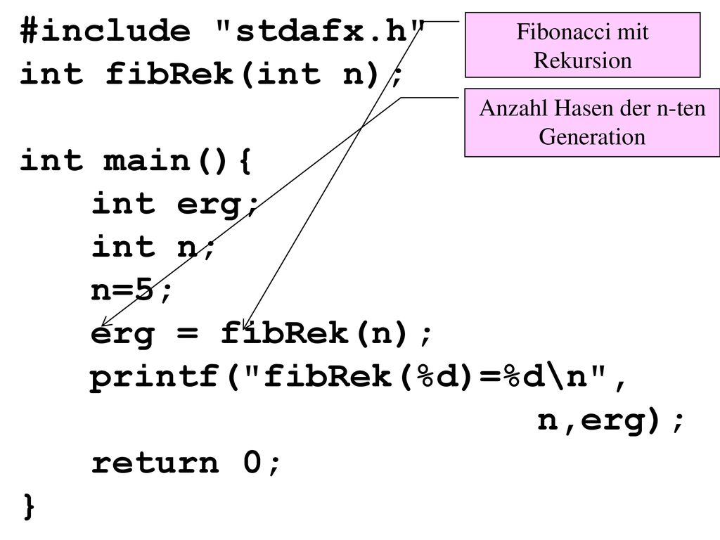 #include stdafx. h int fibRek(int n); int main(){. int erg;. int n;