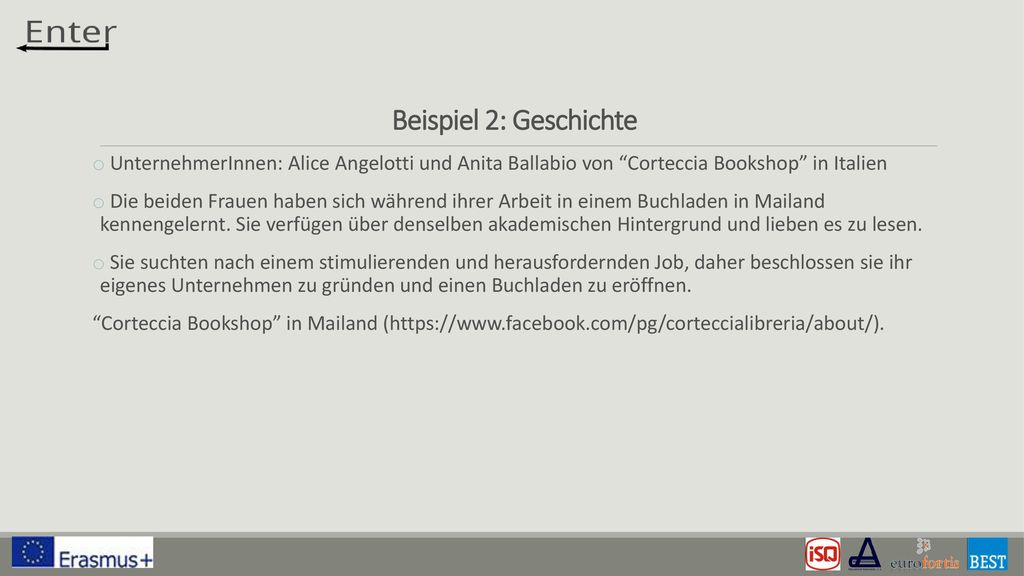 Beispiel 2: Geschichte UnternehmerInnen: Alice Angelotti und Anita Ballabio von Corteccia Bookshop in Italien.