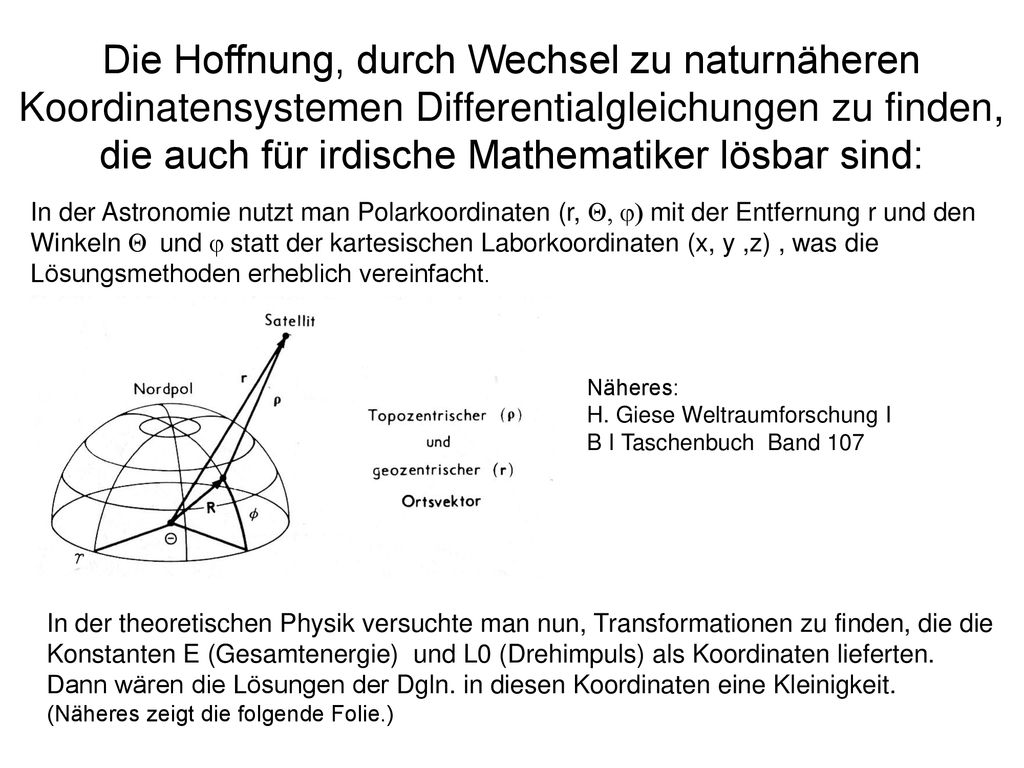 Die Hoffnung, durch Wechsel zu naturnäheren Koordinatensystemen Differentialgleichungen zu finden, die auch für irdische Mathematiker lösbar sind: