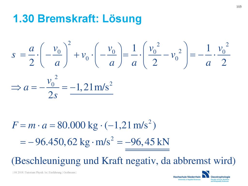 1.30 Bremskraft: Lösung | | Tutorium Physik 1n | Einführung | Großmann |