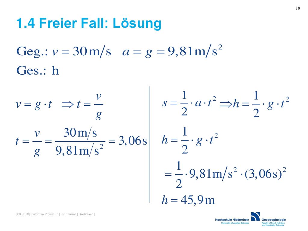 1.4 Freier Fall: Lösung | | Tutorium Physik 1n | Einführung | Großmann |