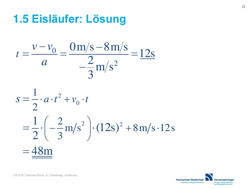 1.5 Eisläufer: Lösung Der Eisläufer hat ja am Anfang eine Geschwindigkeit v0, also muss der allgemeine Ansatz v(t)=a*t+v0 heißen. Oder kurz v=a*t+v0.