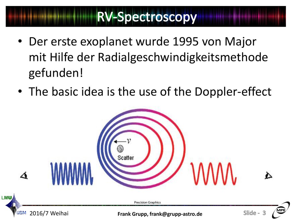 RV-Spectroscopy Der erste exoplanet wurde 1995 von Major mit Hilfe der Radialgeschwindigkeitsmethode gefunden!
