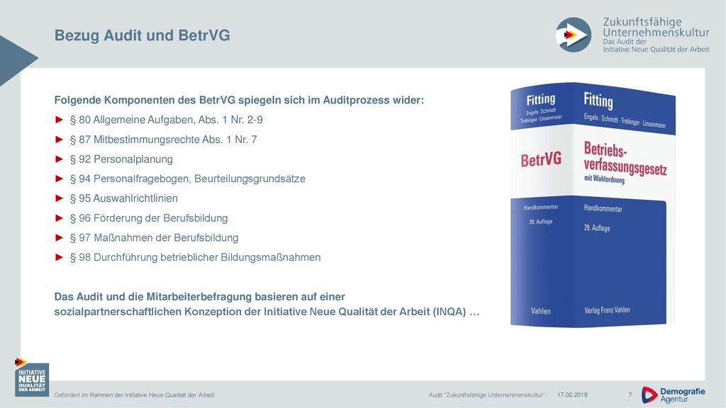Bezug Audit und BetrVG Folgende Komponenten des BetrVG spiegeln sich im Auditprozess wider: § 80 Allgemeine Aufgaben, Abs. 1 Nr