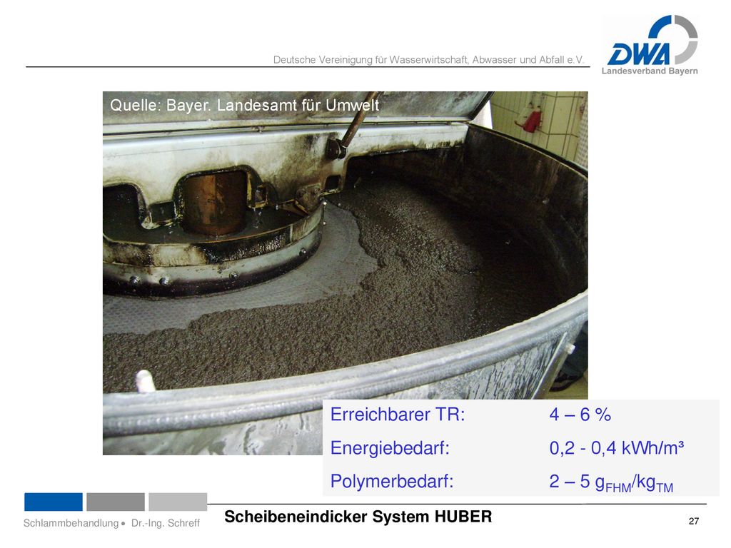 Energiebedarf: 0,2 - 0,4 kWh/m³ Polymerbedarf: 2 – 5 gFHM/kgTM