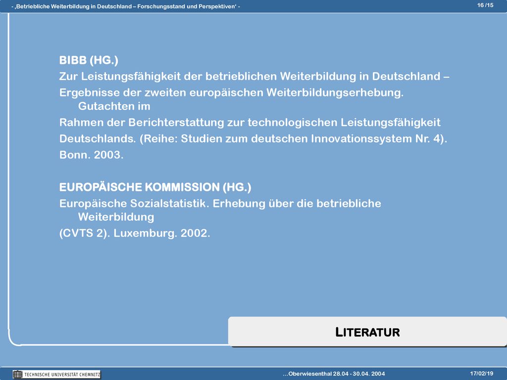 BIBB (HG.) Zur Leistungsfähigkeit der betrieblichen Weiterbildung in Deutschland –