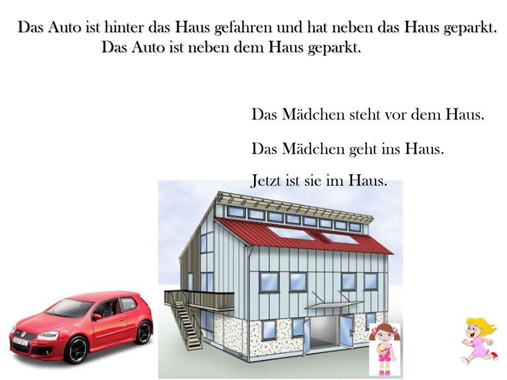 Das Auto ist hinter das Haus gefahren und hat neben das Haus geparkt.