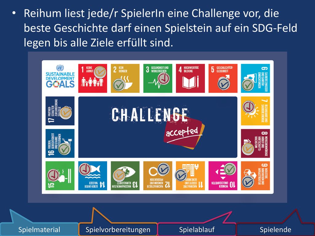 Reihum liest jede/r SpielerIn eine Challenge vor, die beste Geschichte darf einen Spielstein auf ein SDG-Feld legen bis alle Ziele erfüllt sind.