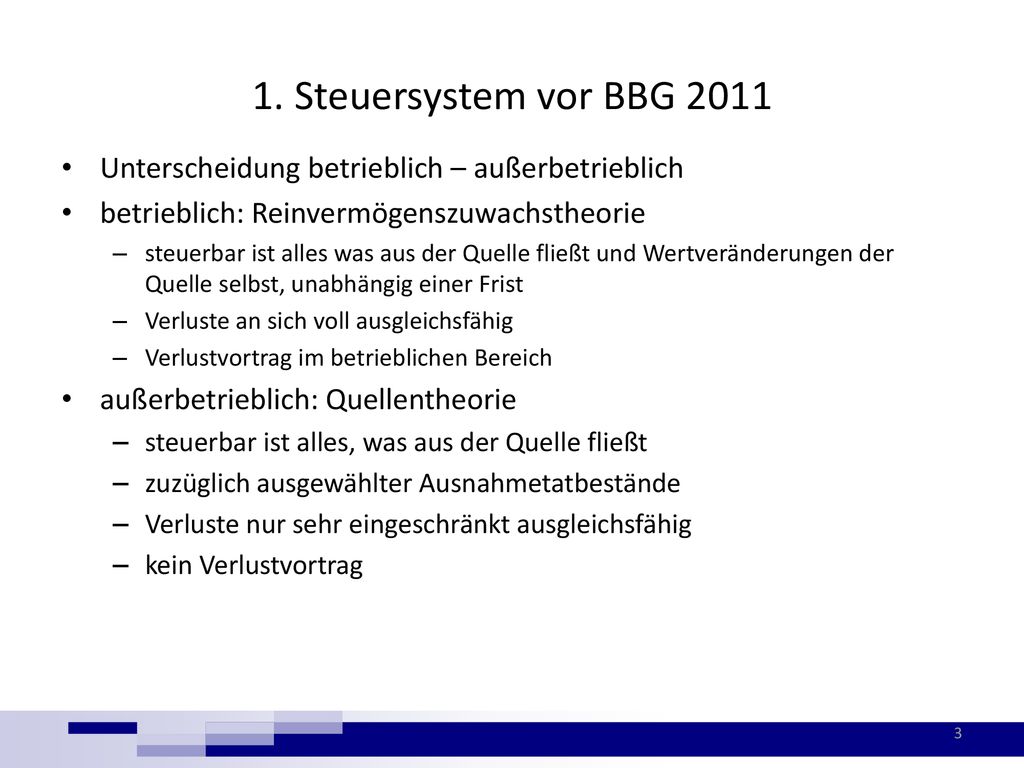 1. Steuersystem vor BBG 2011 Unterscheidung betrieblich – außerbetrieblich. betrieblich: Reinvermögenszuwachstheorie.