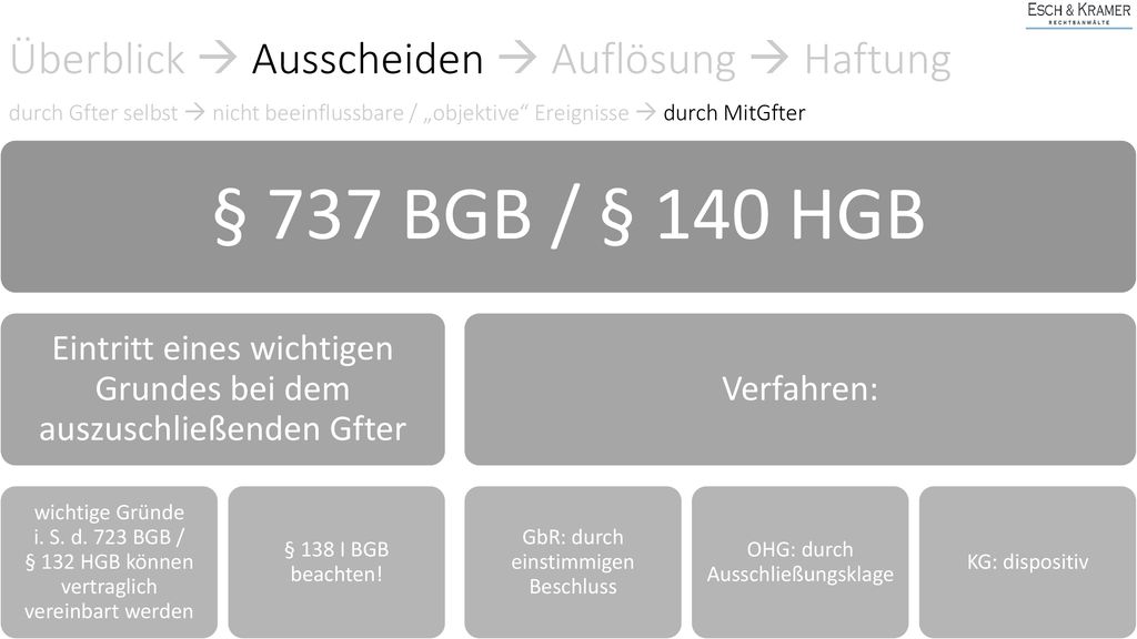 § 737 BGB / § 140 HGB Überblick  Ausscheiden  Auflösung  Haftung