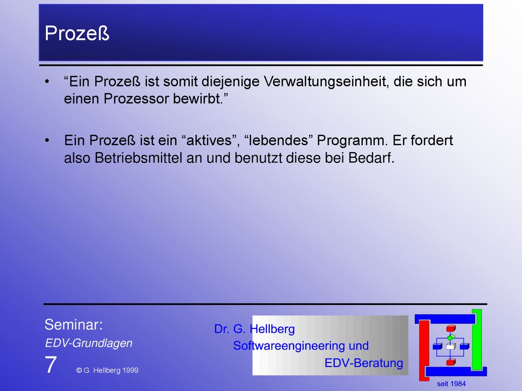 Prozeß Ein Prozeß ist somit diejenige Verwaltungseinheit, die sich um einen Prozessor bewirbt.