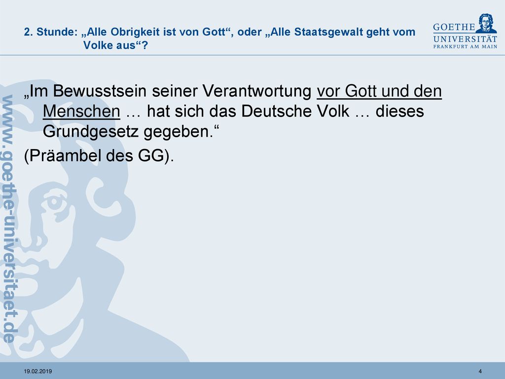 2. Stunde: „Alle Obrigkeit ist von Gott , oder „Alle Staatsgewalt geht vom Volke aus