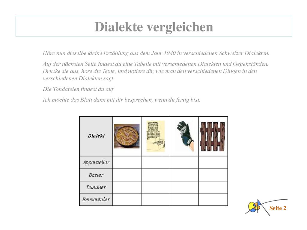 Dialekte vergleichen Höre nun dieselbe kleine Erzählung aus dem Jahr 1940 in verschiedenen Schweizer Dialekten.