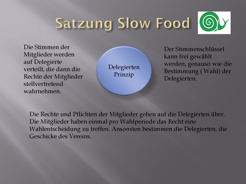 Satzung Slow Food Die Stimmen der Mitglieder werden auf Delegierte verteilt, die dann die Rechte der Mitglieder stellvertretend wahrnehmen.