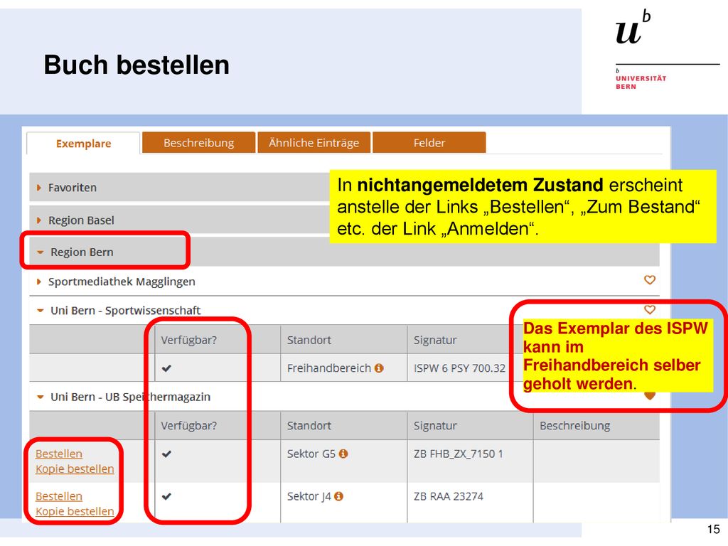 Buch bestellen In nichtangemeldetem Zustand erscheint anstelle der Links „Bestellen , „Zum Bestand etc. der Link „Anmelden .