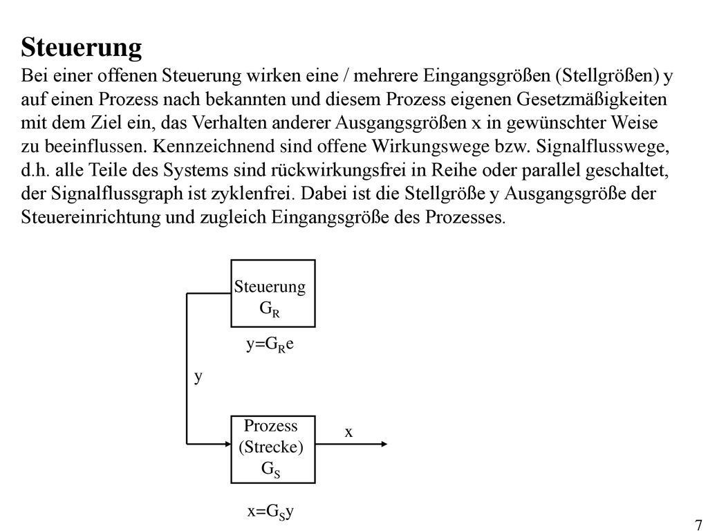 Steuerung Bei einer offenen Steuerung wirken eine / mehrere Eingangsgrößen (Stellgrößen) y.
