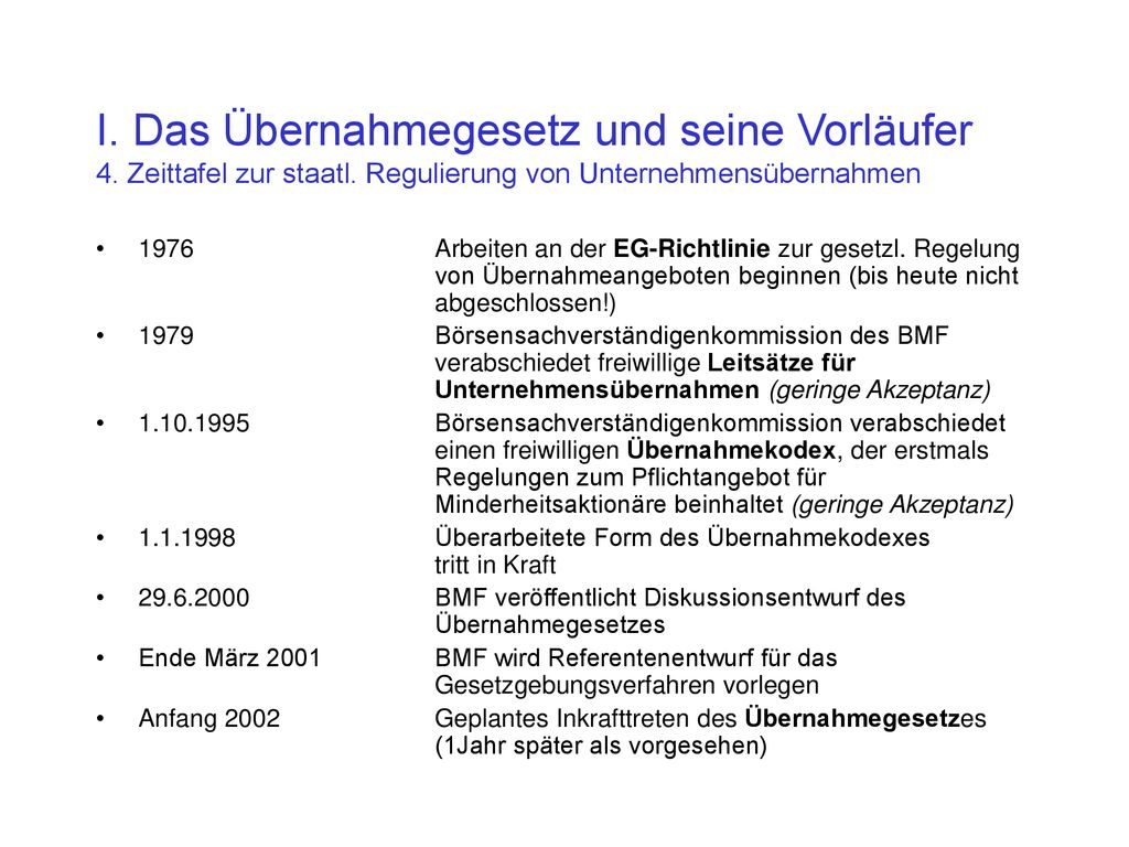 I. Das Übernahmegesetz und seine Vorläufer 4. Zeittafel zur staatl