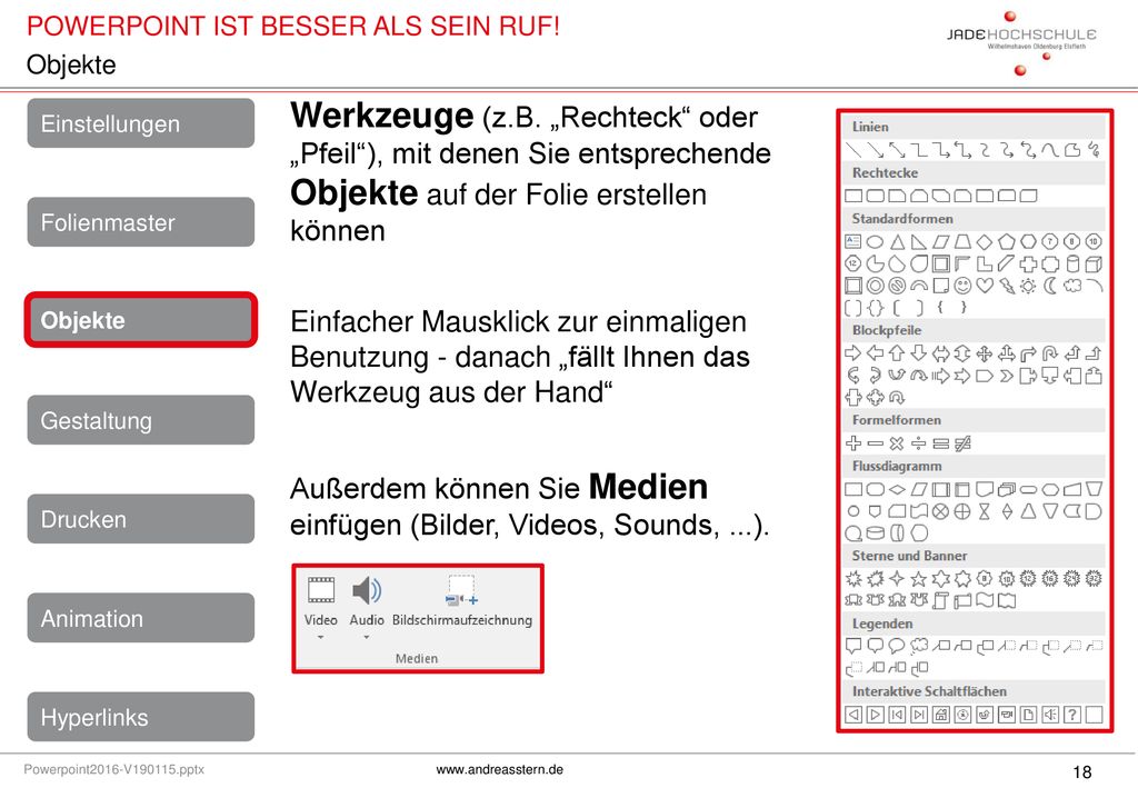 Objekte Werkzeuge (z.B. „Rechteck oder „Pfeil ), mit denen Sie entsprechende Objekte auf der Folie erstellen können.