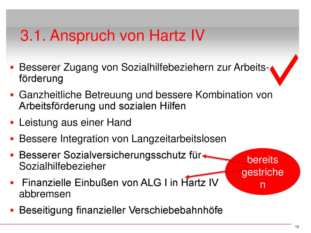 3.1. Anspruch von Hartz IV Besserer Zugang von Sozialhilfebeziehern zur Arbeits- förderung.