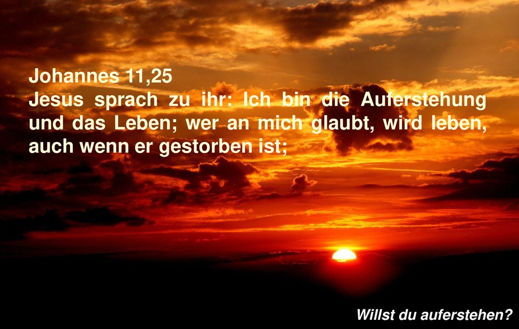 Johannes 11,25 Jesus sprach zu ihr: Ich bin die Auferstehung und das Leben; wer an mich glaubt, wird leben, auch wenn er gestorben ist;
