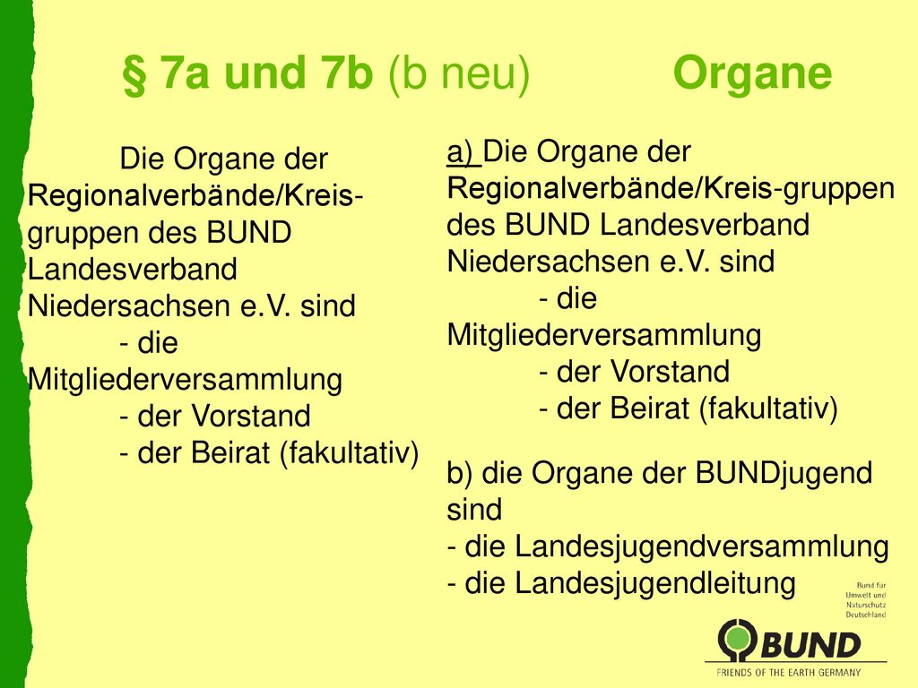 § 7a und 7b (b neu) Organe a) Die Organe der Regionalverbände/Kreis-gruppen des BUND Landesverband Niedersachsen e.V. sind.