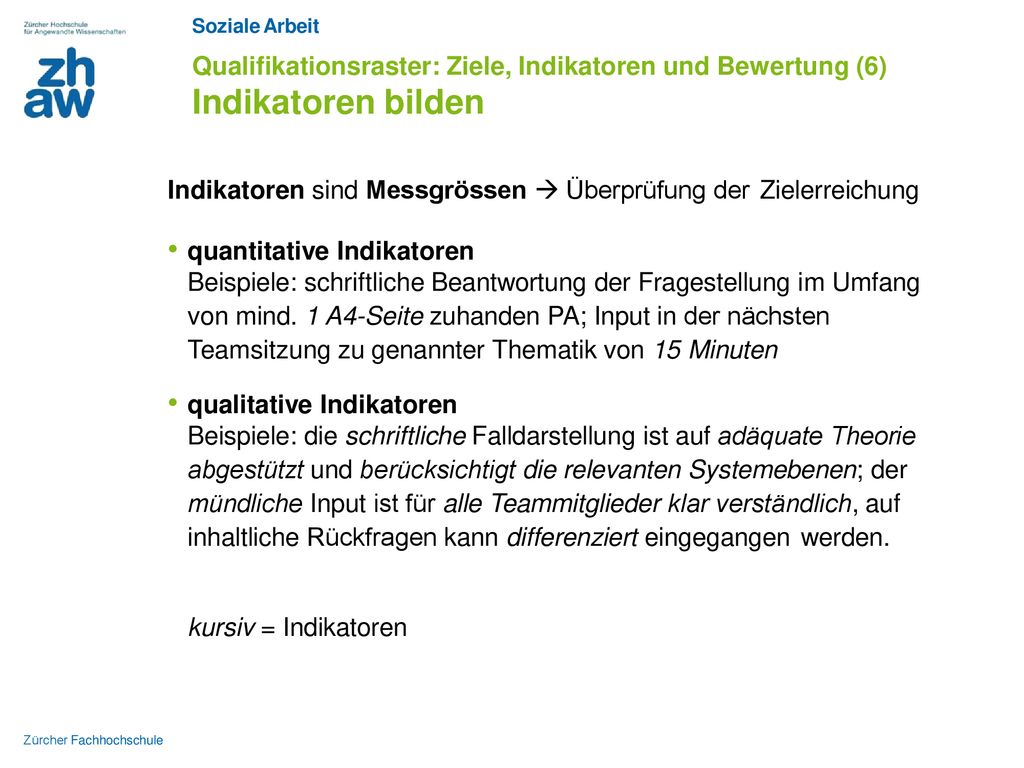 Soziale Arbeit Qualifikationsraster: Ziele, Indikatoren und Bewertung (6) Indikatoren bilden.