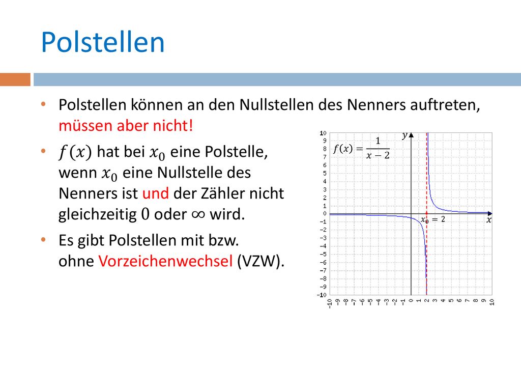 Polstellen Polstellen können an den Nullstellen des Nenners auftreten, müssen aber nicht!