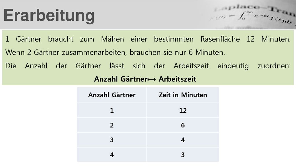 Erarbeitung 1 Gärtner braucht zum Mähen einer bestimmten Rasenfläche 12 Minuten. Wenn 2 Gärtner zusammenarbeiten, brauchen sie nur 6 Minuten.