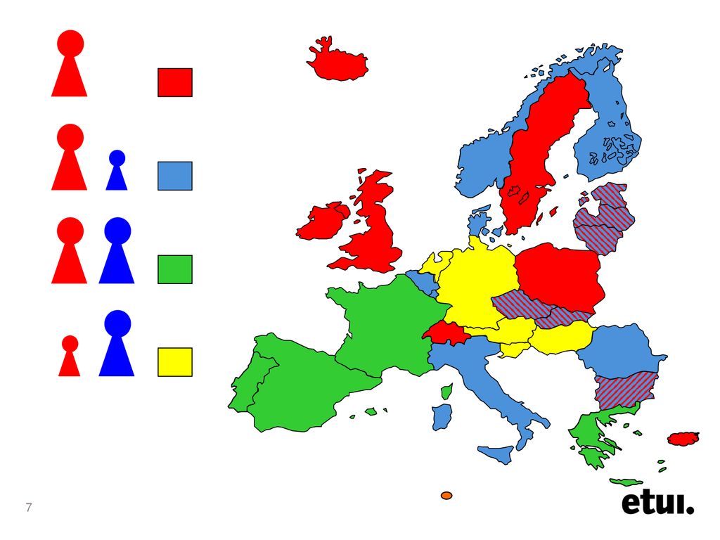 Rot: Die ArbeitnehmerInnenvertretung, die allein durch die Gewerkschafts- organisationen erfolgt, existiert in Island, Schweden, Estland, Littauen, Polen, Tschechische Republik, Ungarn, Bulgarien, Schweiz, Irland, im Vereinigten Königreich.