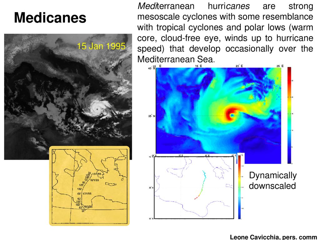 Mediterranean hurricanes are strong mesoscale cyclones with some resemblance with tropical cyclones and polar lows (warm core, cloud-free eye, winds up to hurricane speed) that develop occasionally over the Mediterranean Sea.