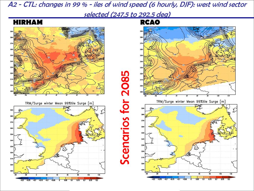A2 - CTL: changes in 99 % - iles of wind speed (6 hourly, DJF): west wind sector selected (247.5 to deg)