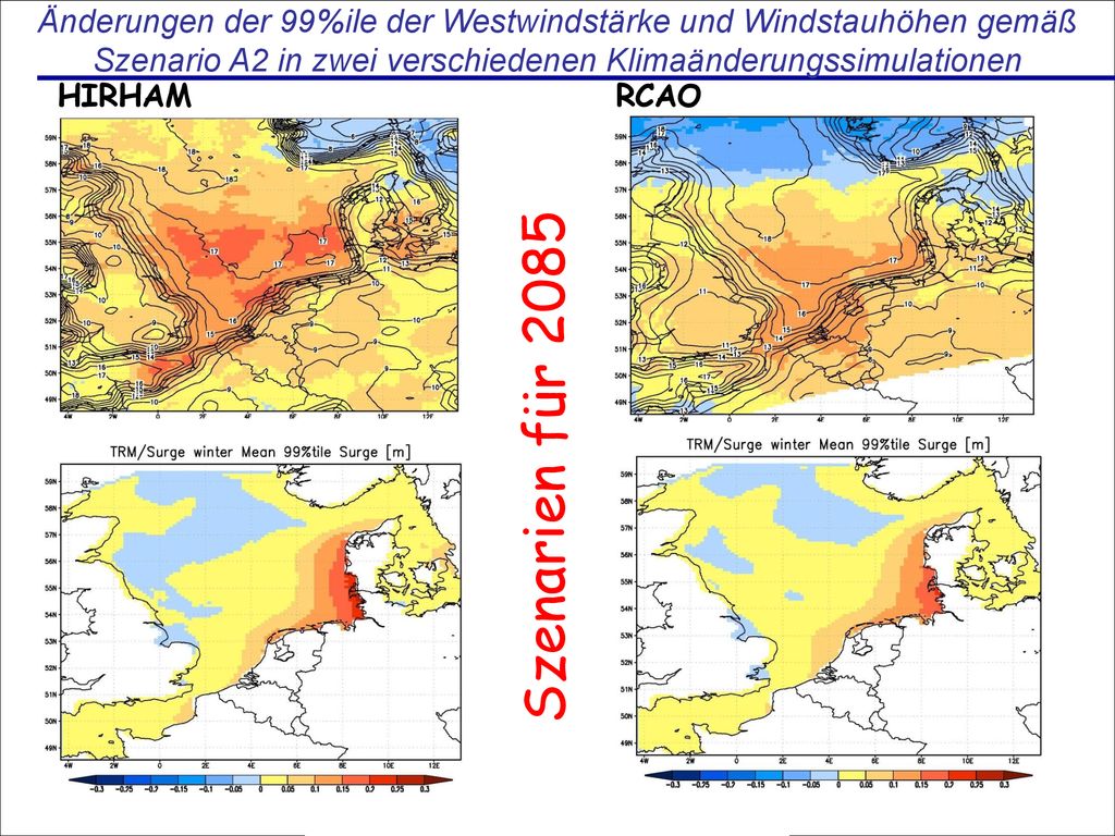 Änderungen der 99%ile der Westwindstärke und Windstauhöhen gemäß Szenario A2 in zwei verschiedenen Klimaänderungssimulationen