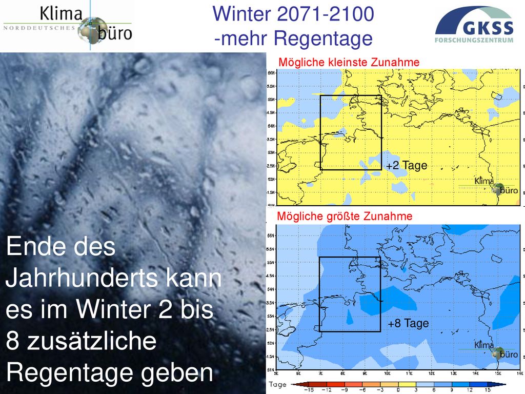 Winter mehr Regentage. Mögliche kleinste Zunahme. +2 Tage. Mögliche größte Zunahme.