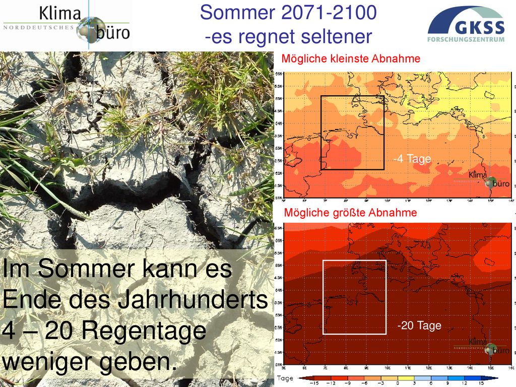 Sommer es regnet seltener. Mögliche kleinste Abnahme. -4 Tage. Mögliche größte Abnahme.