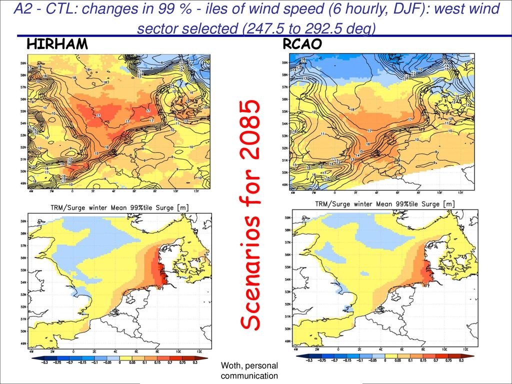 A2 - CTL: changes in 99 % - iles of wind speed (6 hourly, DJF): west wind sector selected (247.5 to deg)