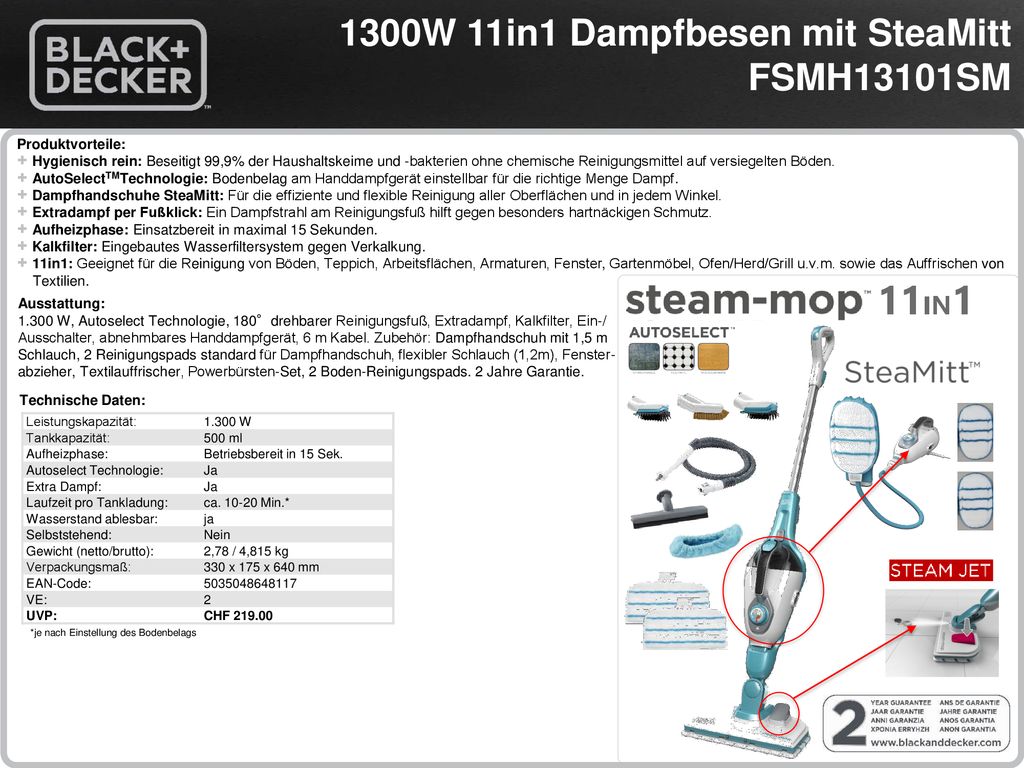11IN1 1300W 11in1 Dampfbesen mit SteaMitt FSMH13101SM Produktvorteile: