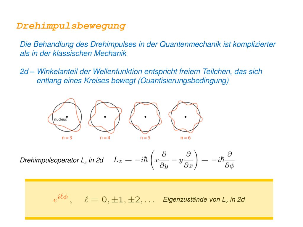 Drehimpulsbewegung Die Behandlung des Drehimpulses in der Quantenmechanik ist komplizierter als in der klassischen Mechanik.