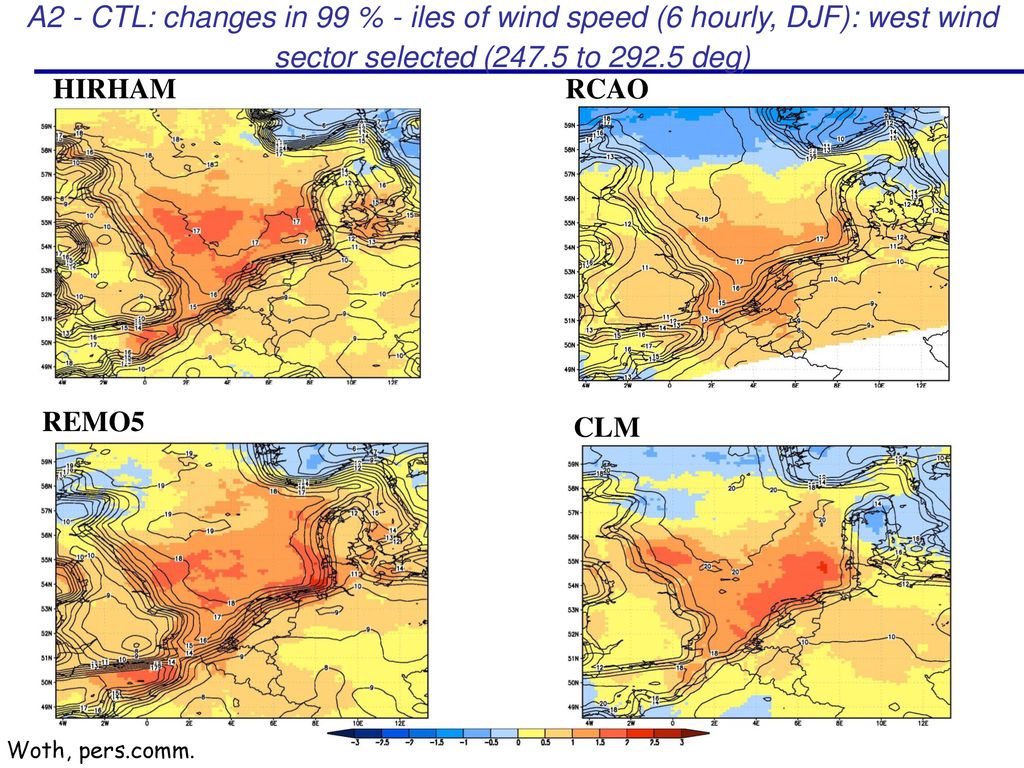 A2 - CTL: changes in 99 % - iles of wind speed (6 hourly, DJF): west wind sector selected (247.5 to deg)