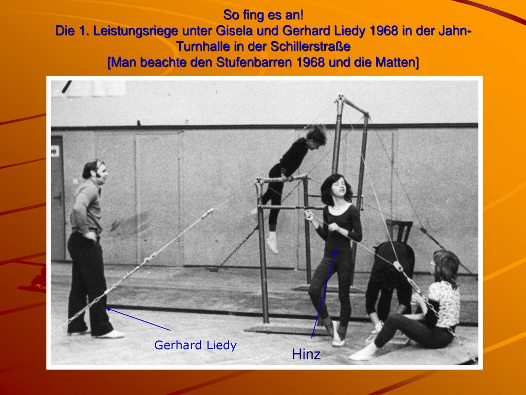 So fing es an! Die 1. Leistungsriege unter Gisela und Gerhard Liedy 1968 in der Jahn-Turnhalle in der Schillerstraße [Man beachte den Stufenbarren 1968 und die Matten]