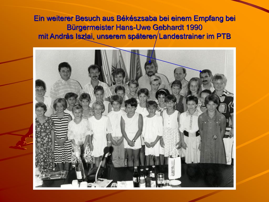 Ein weiterer Besuch aus Békészsaba bei einem Empfang bei Bürgermeister Hans-Uwe Gebhardt 1990 mit András Iszlai, unserem späteren Landestrainer im PTB