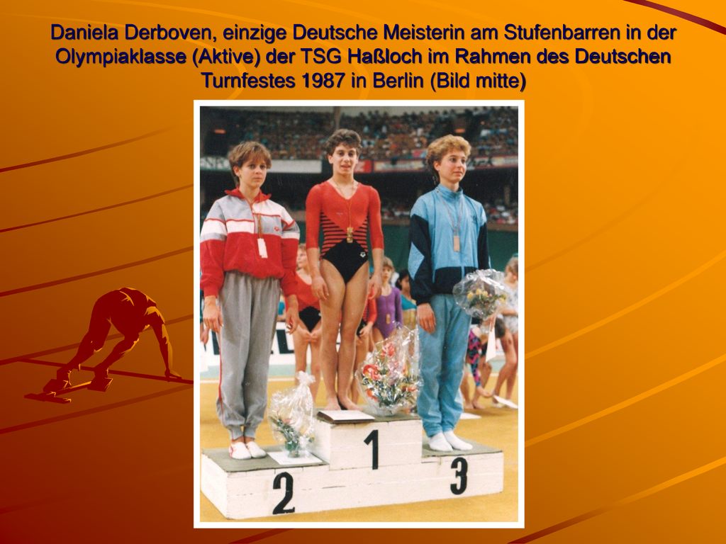 Daniela Derboven, einzige Deutsche Meisterin am Stufenbarren in der Olympiaklasse (Aktive) der TSG Haßloch im Rahmen des Deutschen Turnfestes 1987 in Berlin (Bild mitte)