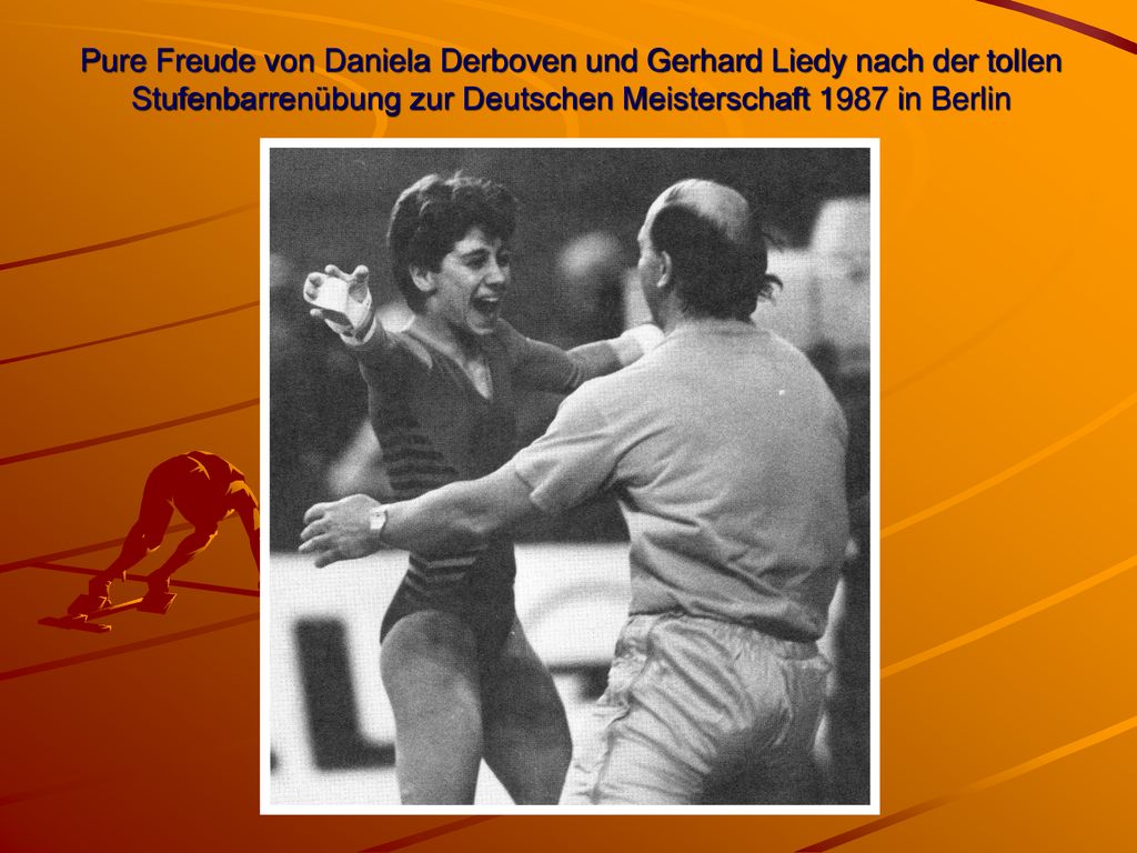 Pure Freude von Daniela Derboven und Gerhard Liedy nach der tollen Stufenbarrenübung zur Deutschen Meisterschaft 1987 in Berlin