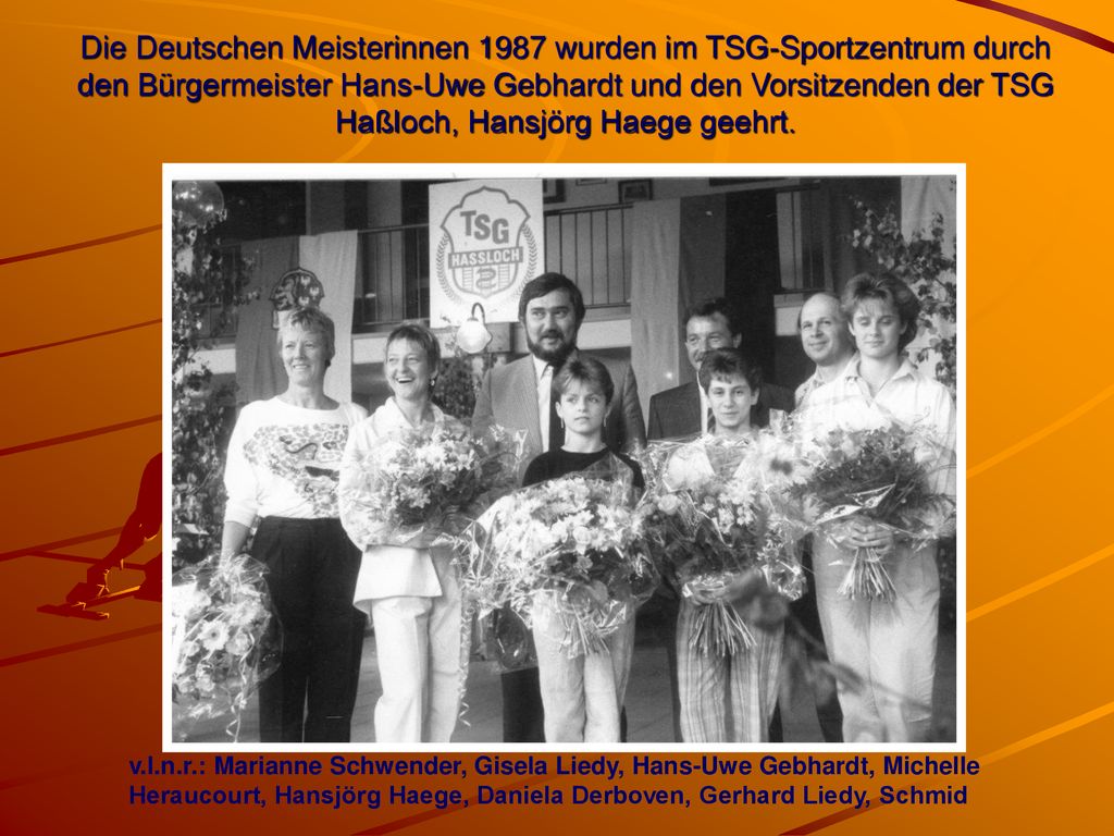 Die Deutschen Meisterinnen 1987 wurden im TSG-Sportzentrum durch den Bürgermeister Hans-Uwe Gebhardt und den Vorsitzenden der TSG Haßloch, Hansjörg Haege geehrt.