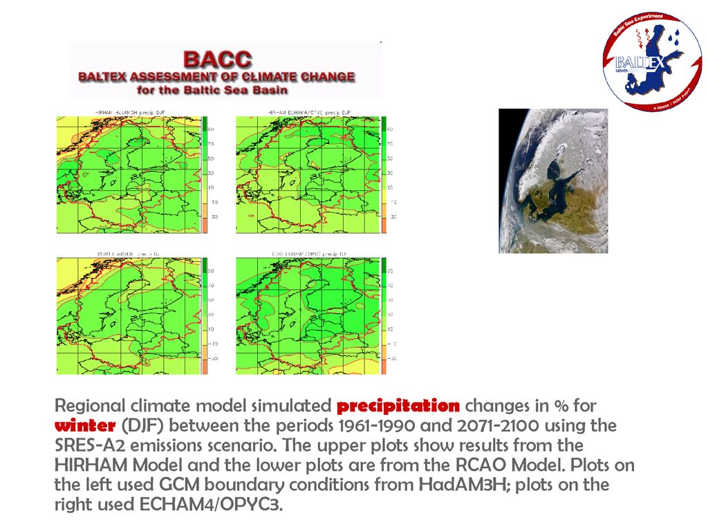 Regional climate model simulated precipitation changes in % for winter (DJF) between the periods 1961‑1990 and 2071‑2100 using the SRES‑A2 emissions scenario.